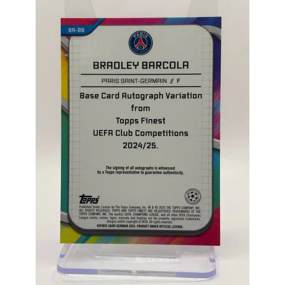 2024-25 Topps Finest UEFA Bradley Barcola Magenta Auto 6/75 SP PSG - Picture 2 of 2